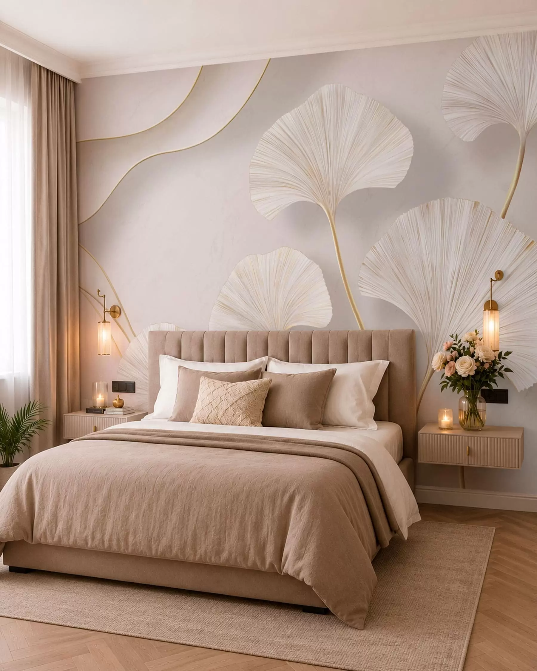 wall murals Full-bodied, light-colored ginkgo leaves with flowing lines against a marble background w05734