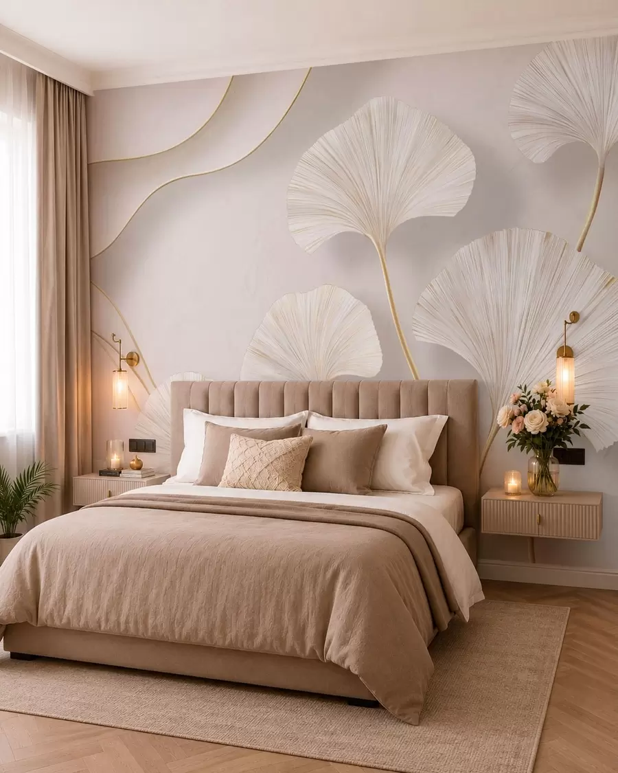 wall murals Full-bodied, light-colored ginkgo leaves with flowing lines against a marble background w05734