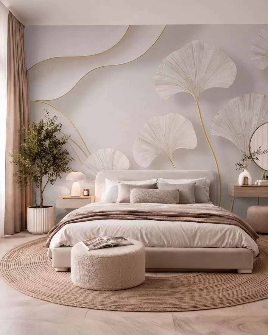 wall murals Full-bodied, light-colored ginkgo leaves with flowing lines against a marble background w05734