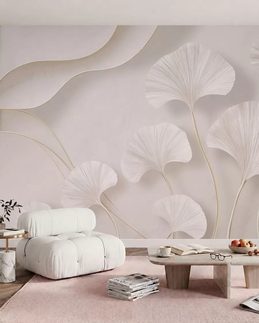 wall murals Light-colored ginkgo leaves against a soft marble background w05734v1