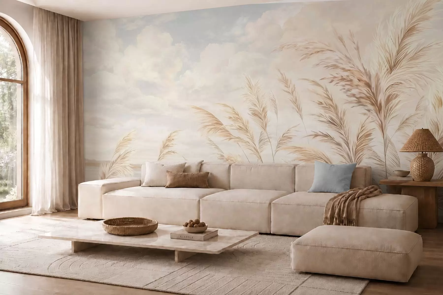 wall murals Soft, tall stalks of wheat and grass under a cloudy sky w05735