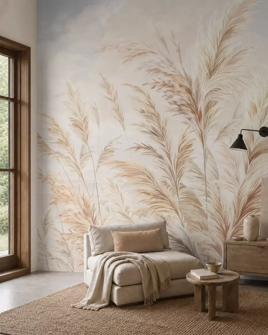 wall murals Soft, tall stalks of wheat and grass under a cloudy sky w05735