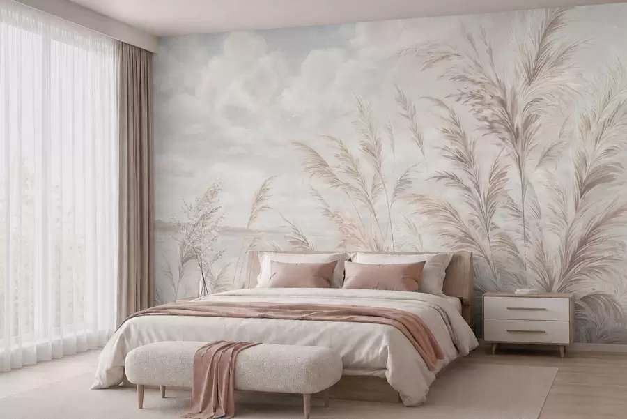 wall murals Delicate grasses by the water under light clouds w05735v1