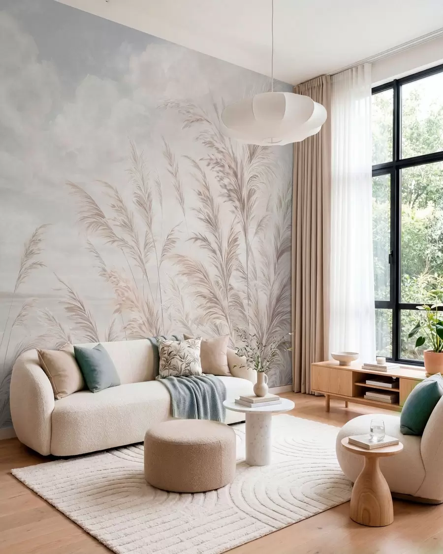 wall murals Delicate grasses by the water under light clouds w05735v1