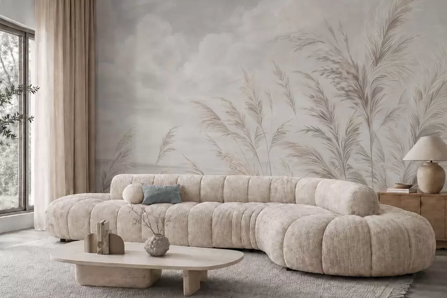 wall murals Delicate grasses by the water under light clouds w05735v1