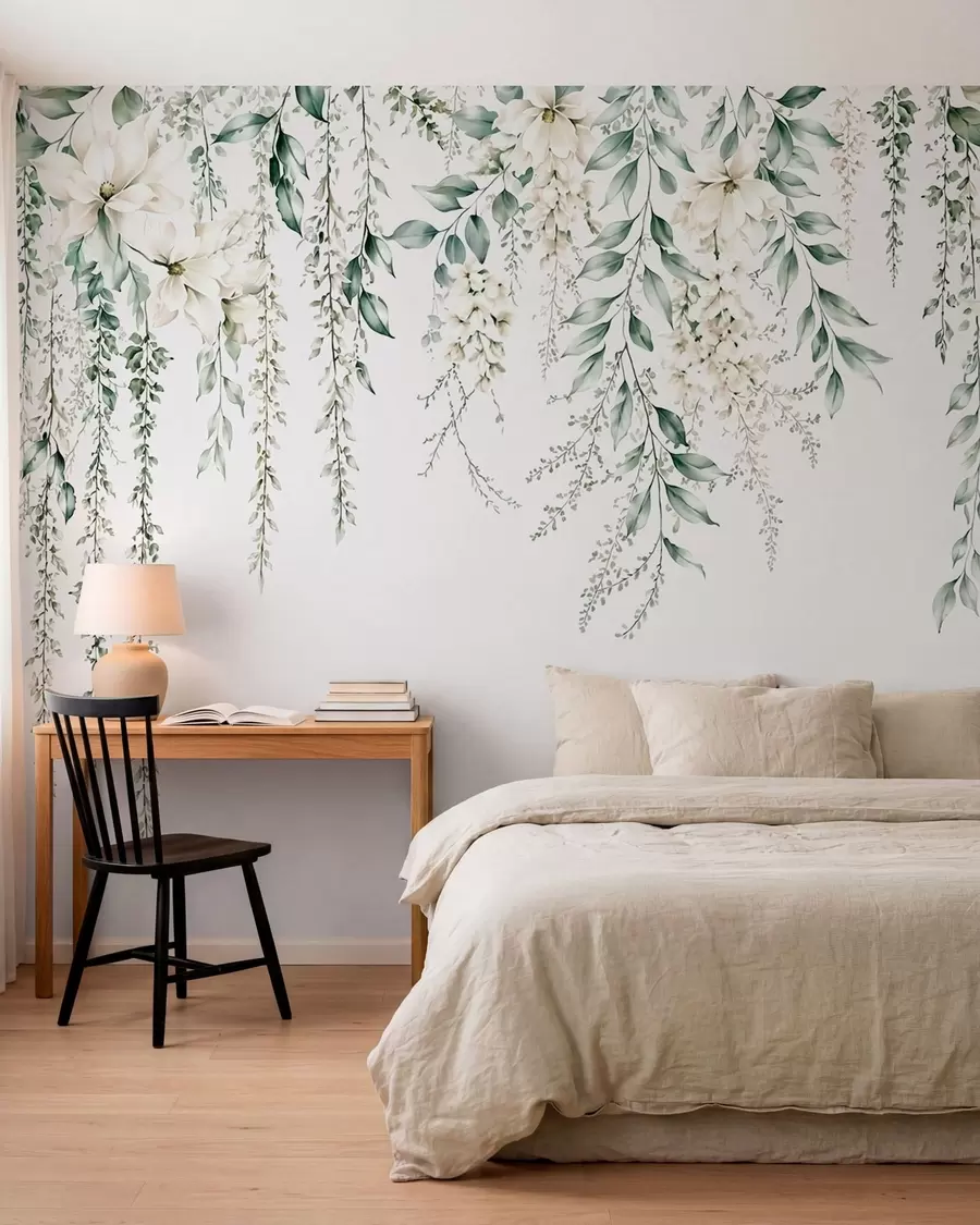 wall murals Cascading flowers and green foliage on a light background w05736