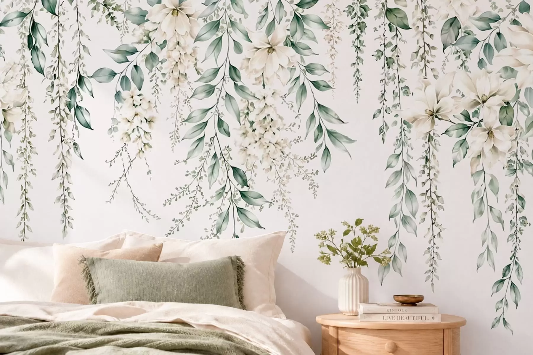 wall murals Cascading flowers and green foliage on a light background w05736