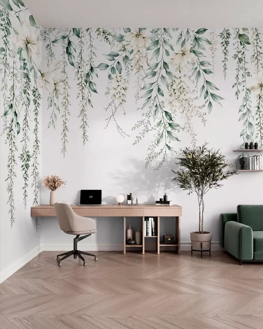 wall murals Cascading flowers and green foliage on a light background w05736