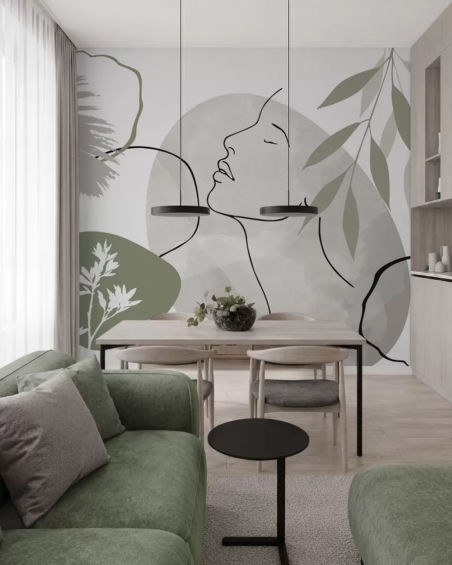 wall murals Abstraction with vegetation and a silhouette of a face w05776v1