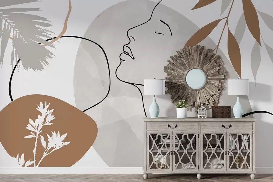 wall murals Abstraction with vegetation and a silhouette of a face w05776