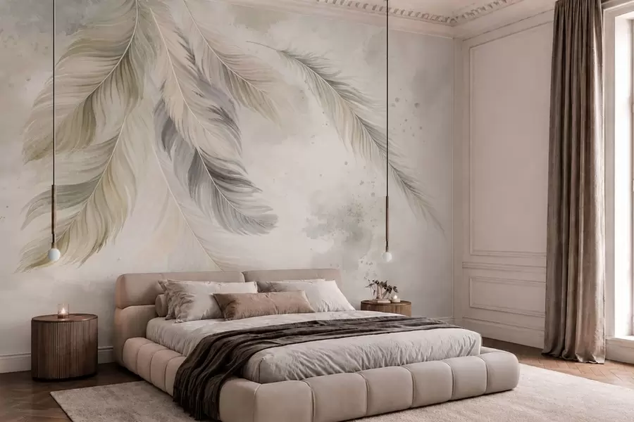 wall murals Light-colored feathers on a soft watercolor background w05737v1