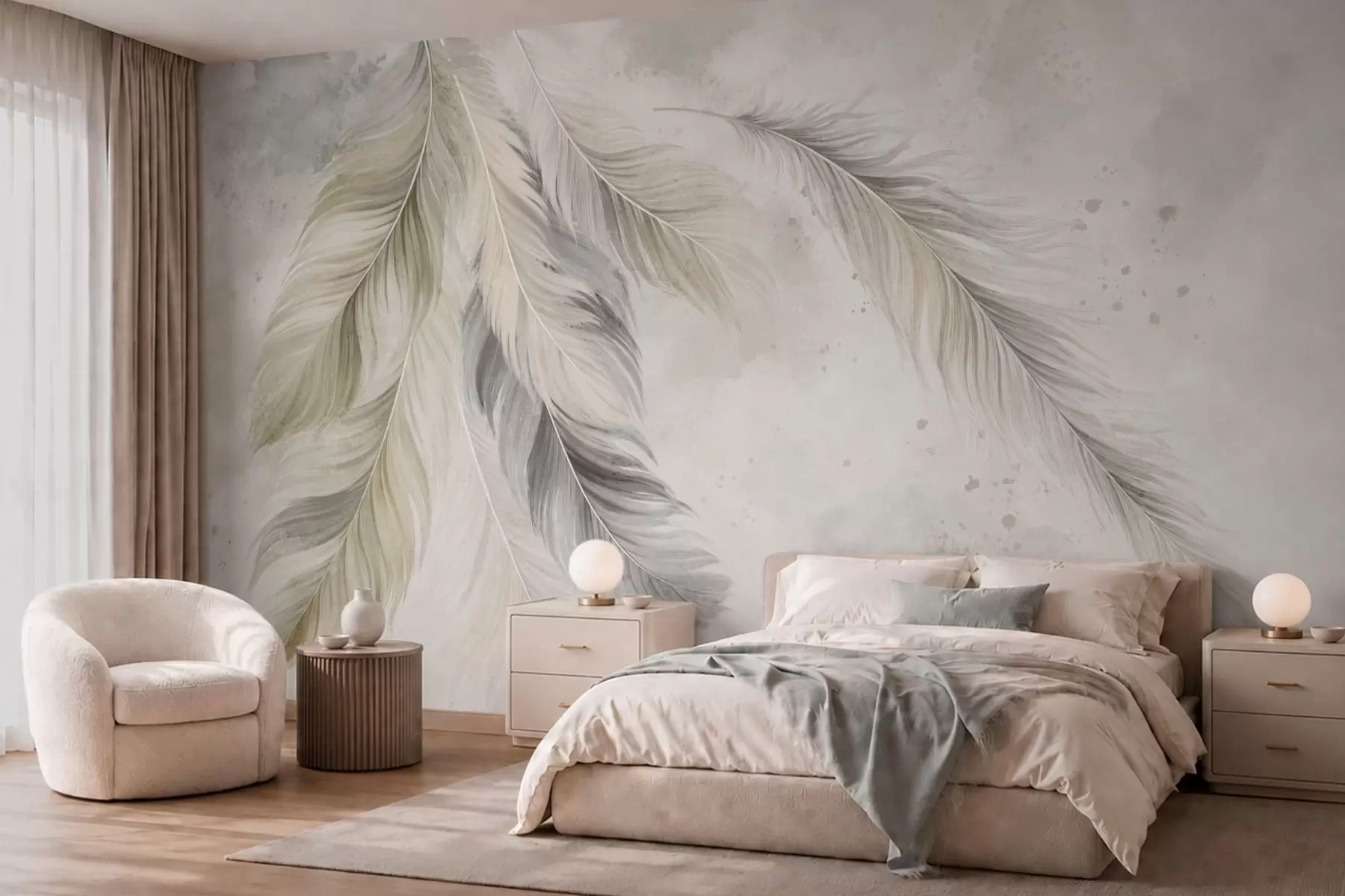 wall murals Light-colored feathers on a soft watercolor background w05737v1