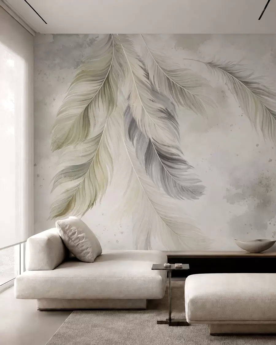 wall murals Light-colored feathers on a soft watercolor background w05737v1
