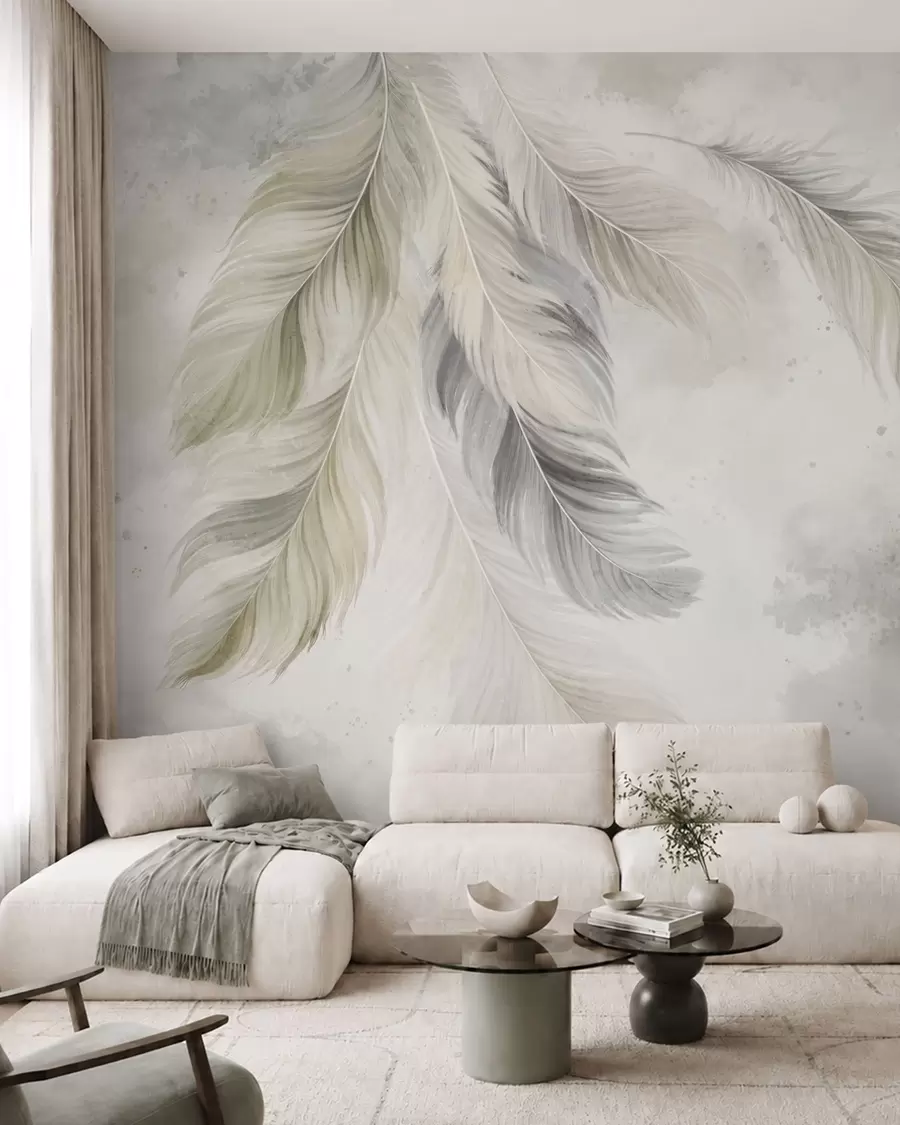wall murals Light-colored feathers on a soft watercolor background w05737v1