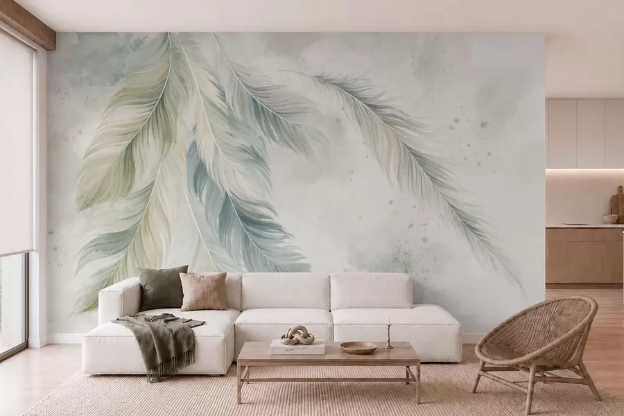 wall murals Light-colored feathers on a delicate watercolor background w05737v2