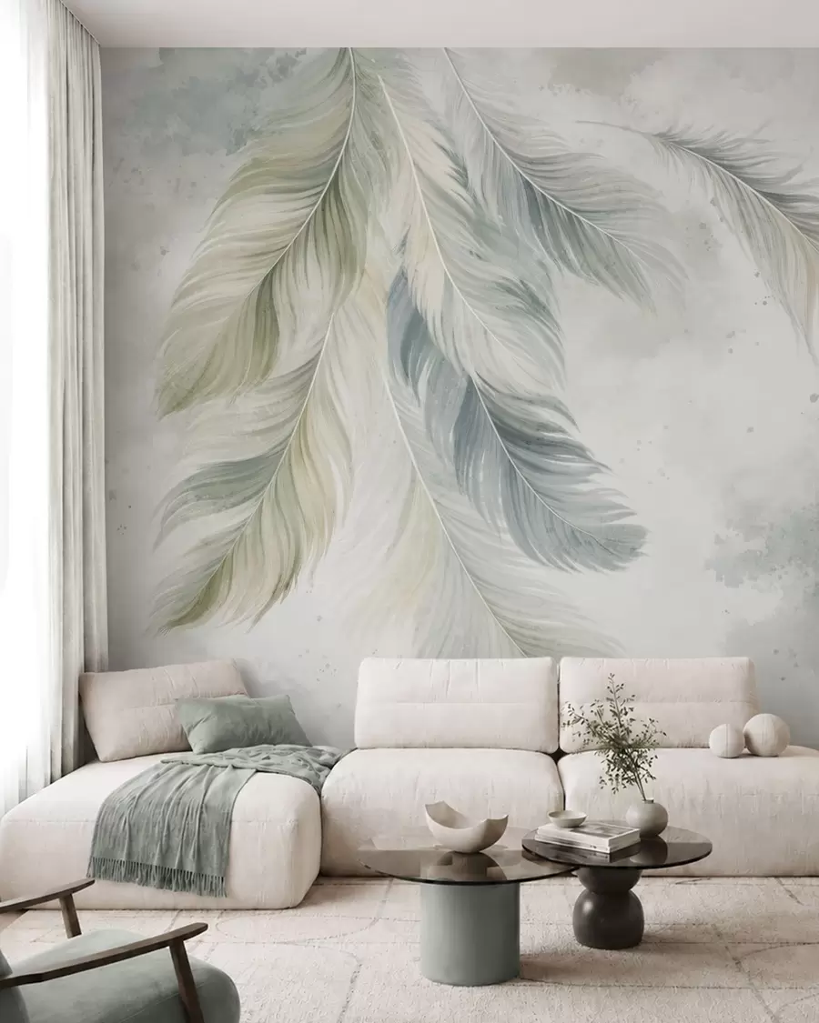 wall murals Light-colored feathers on a delicate watercolor background w05737v2
