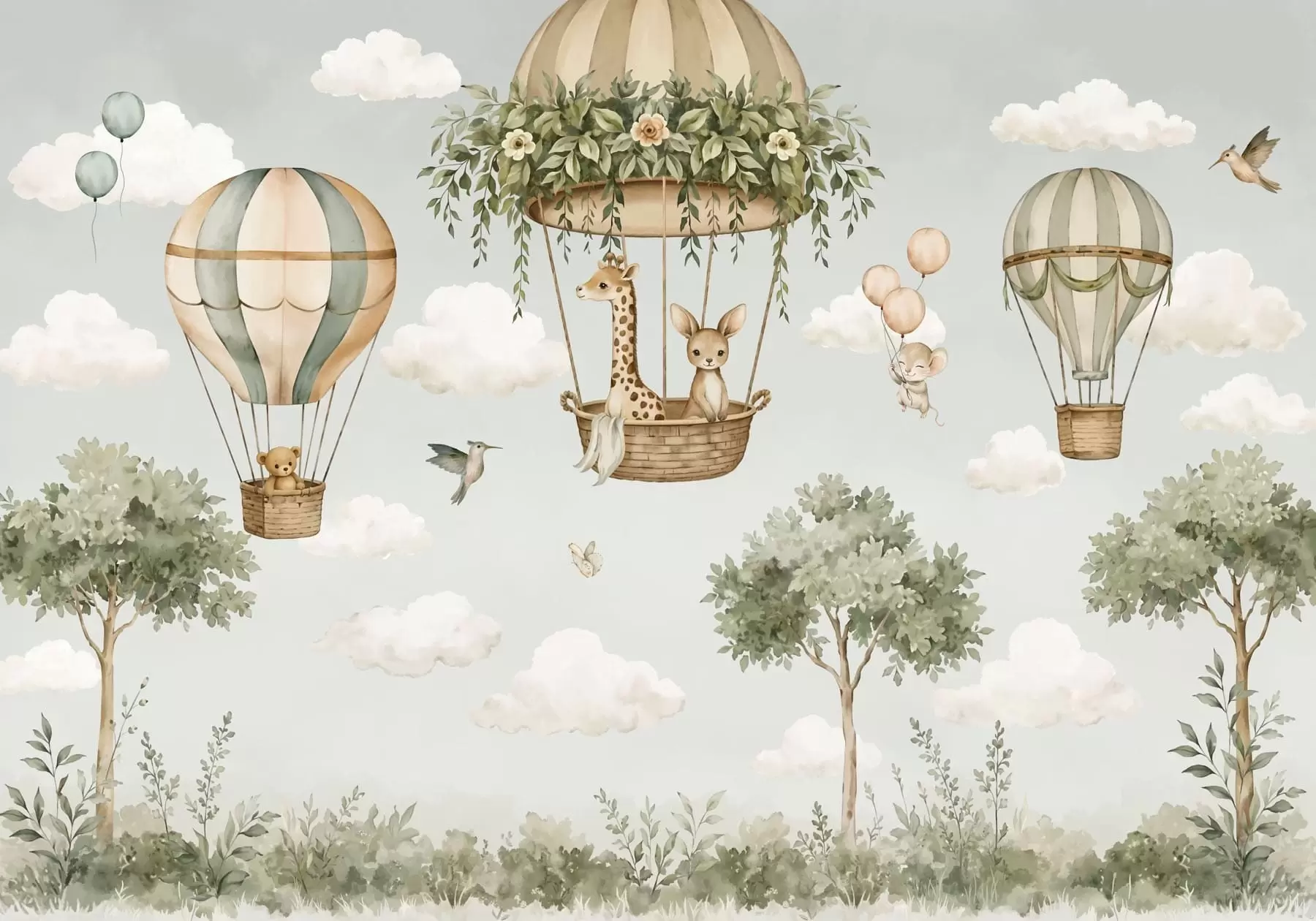 wall murals Hot air balloons with a giraffe, a kangaroo, a bear, and other animals among clouds and trees w05738