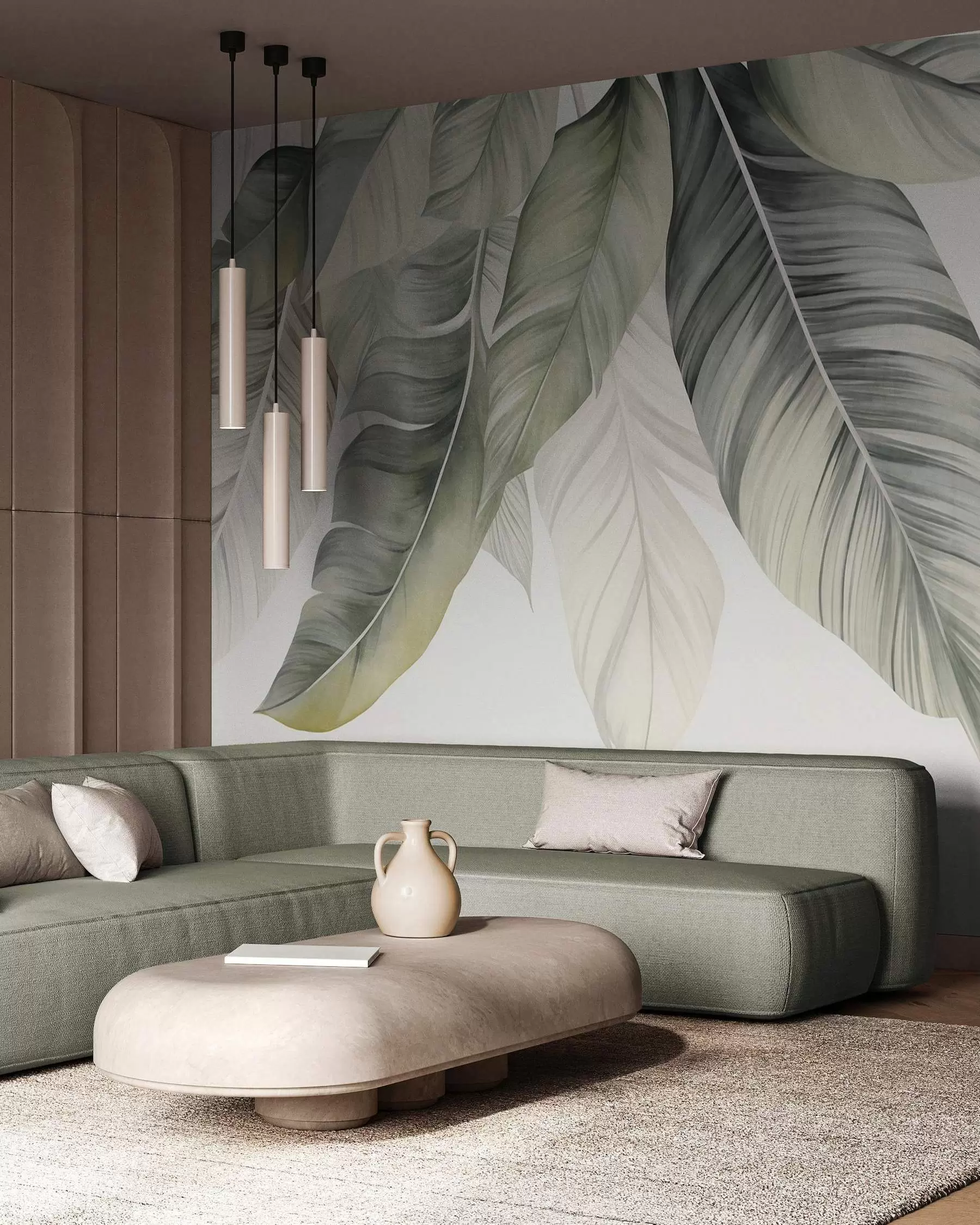 wall murals Large, pale green banana leaves with detailed veins, textured art, light background w09941