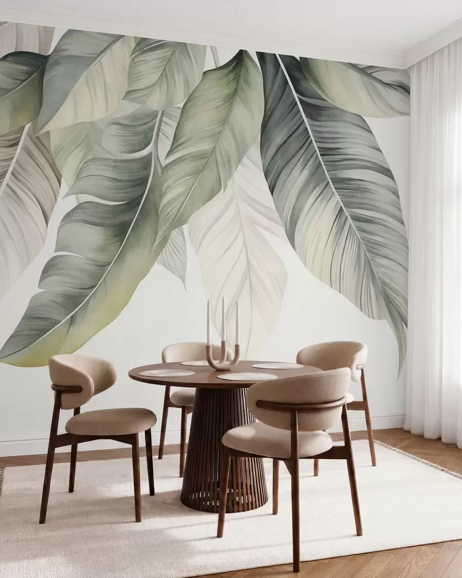 wall murals Large, pale green banana leaves with detailed veins, textured art, light background w09941