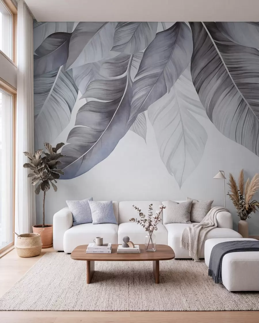 wall murals Large, pale blue banana leaves with detailed veins, textured art, light background w09941v1