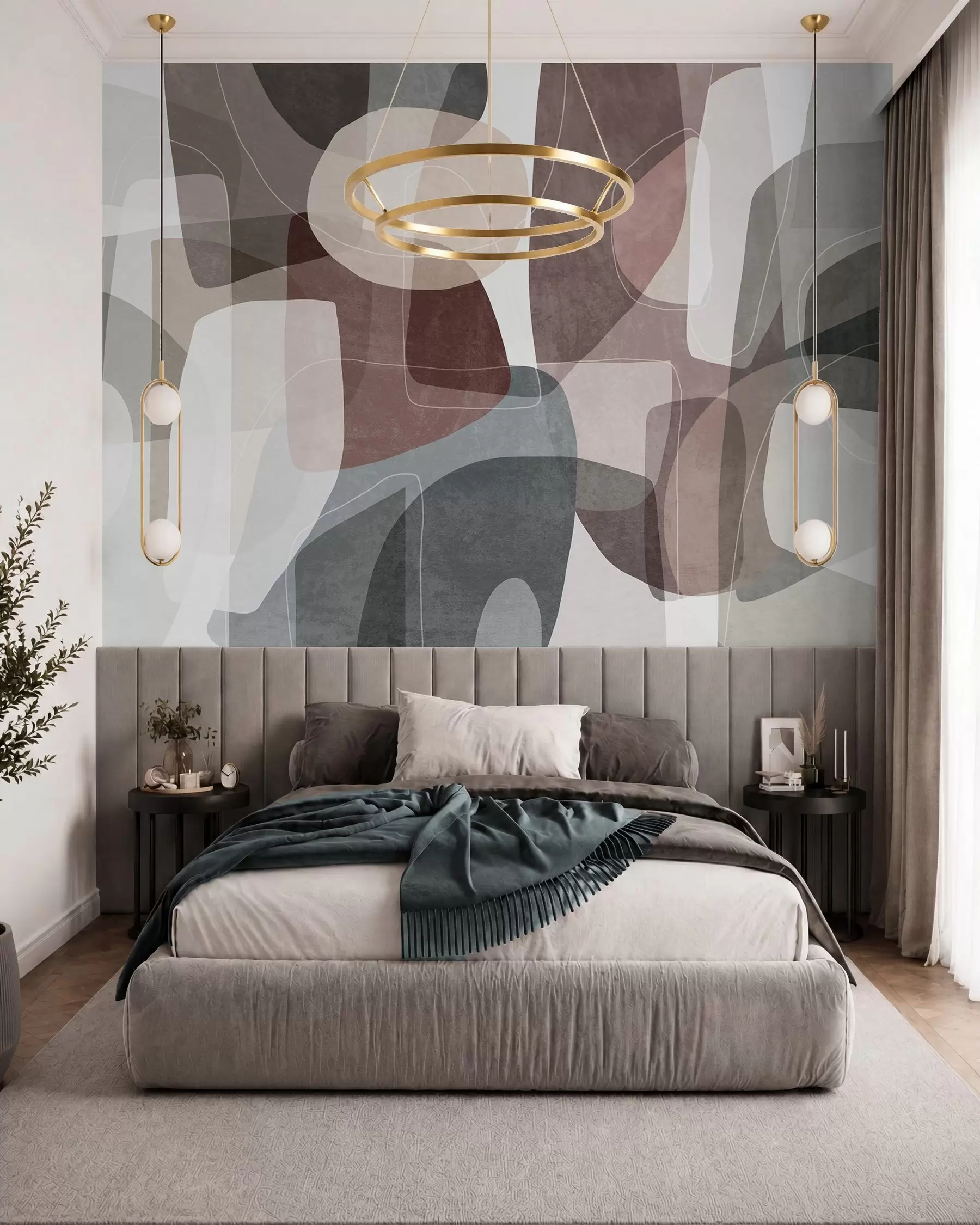 wall murals Abstract shapes in muted earth tones with thin white lines, overlapping textures w09942