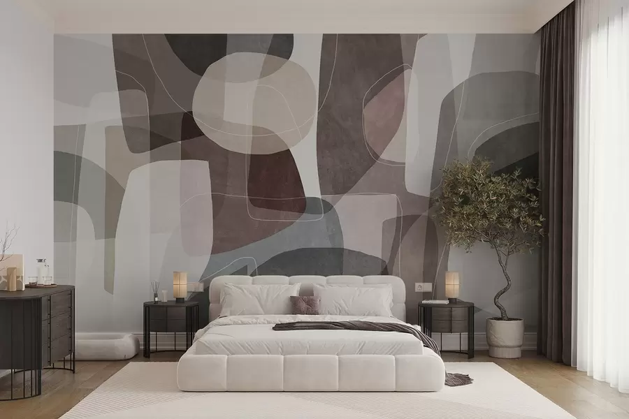 wall murals Abstract shapes in muted earth tones with thin white lines, overlapping textures w09942