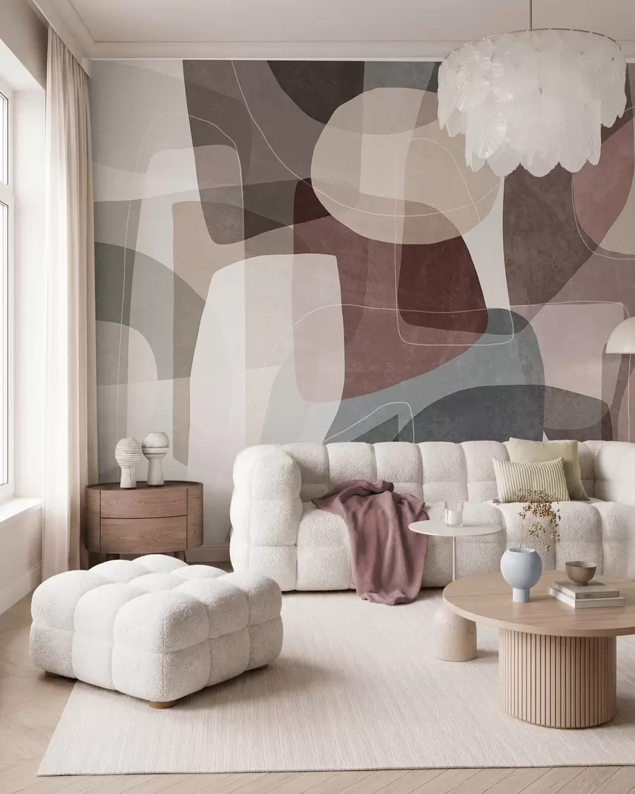 wall murals Abstract shapes in muted earth tones with thin white lines, overlapping textures w09942