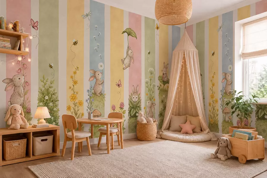 wall murals Pastel stripes with rabbits, flowers, butterflies and bees w05730