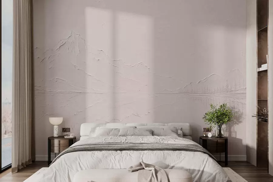 wall murals A light pink, textured mountain landscape with a mirror-like lake w05739v1