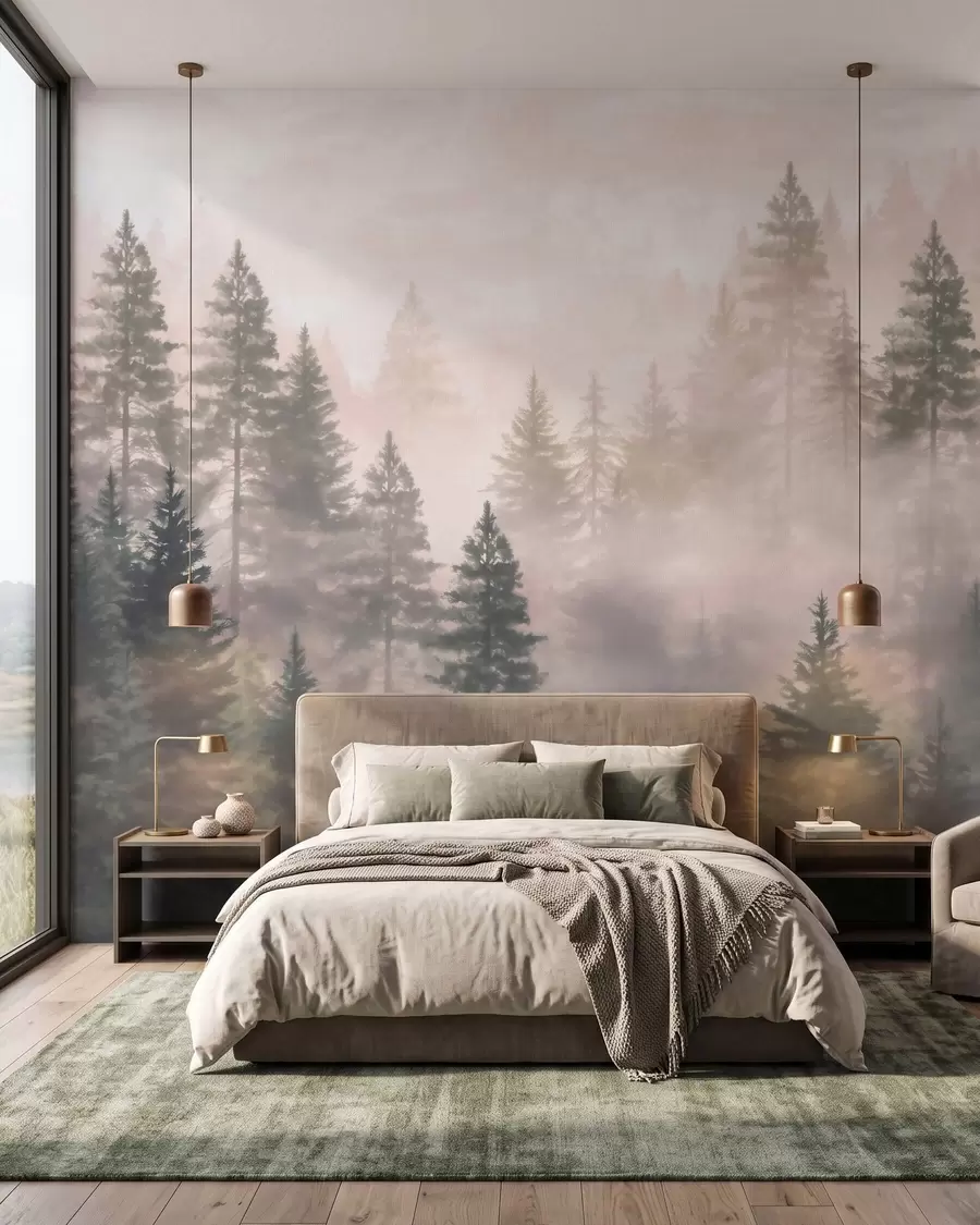 wall murals Misty coniferous forest in dark green tones in watercolor style w09929