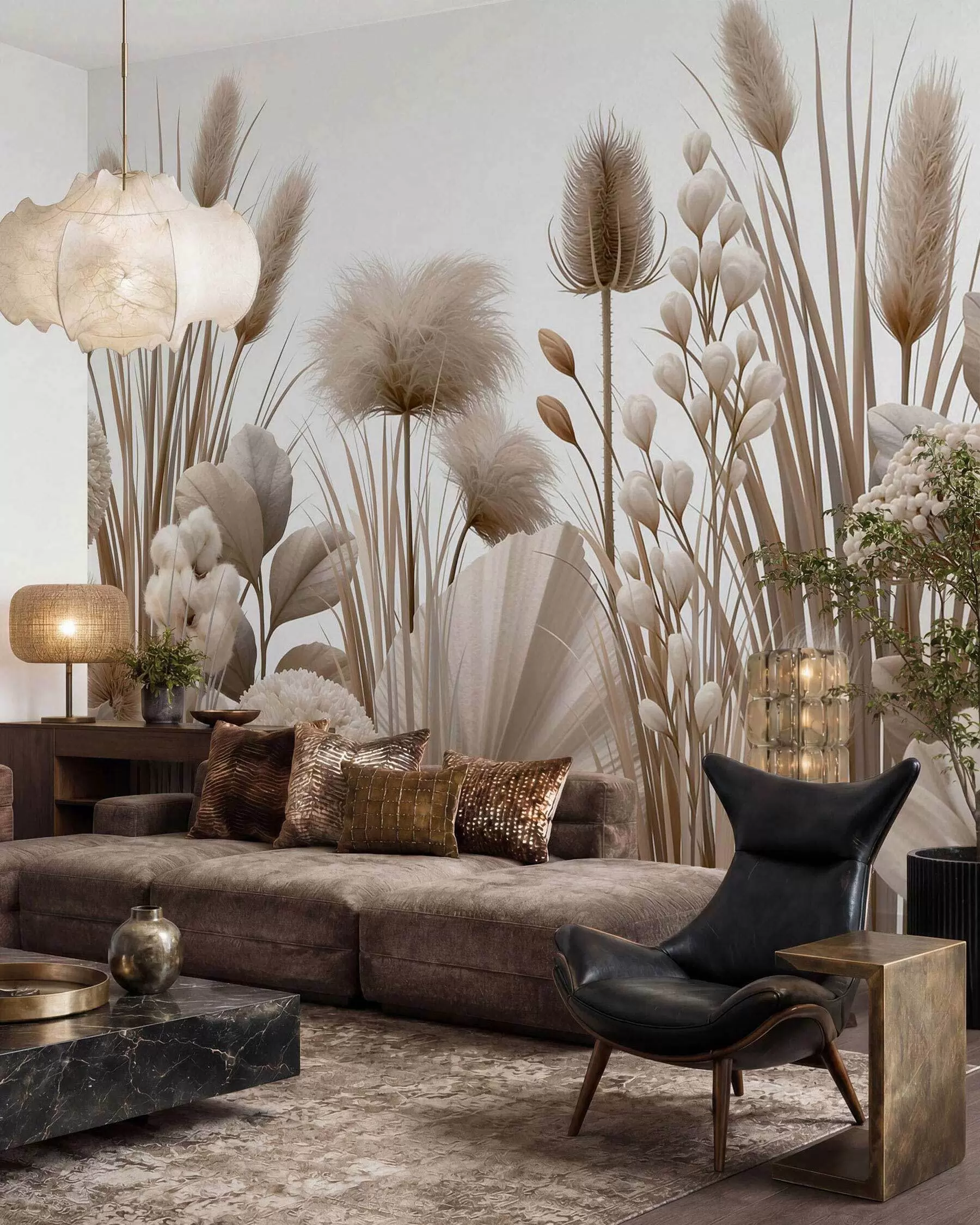 wall murals Tall beige dried flowers in neutral beige tones w09932