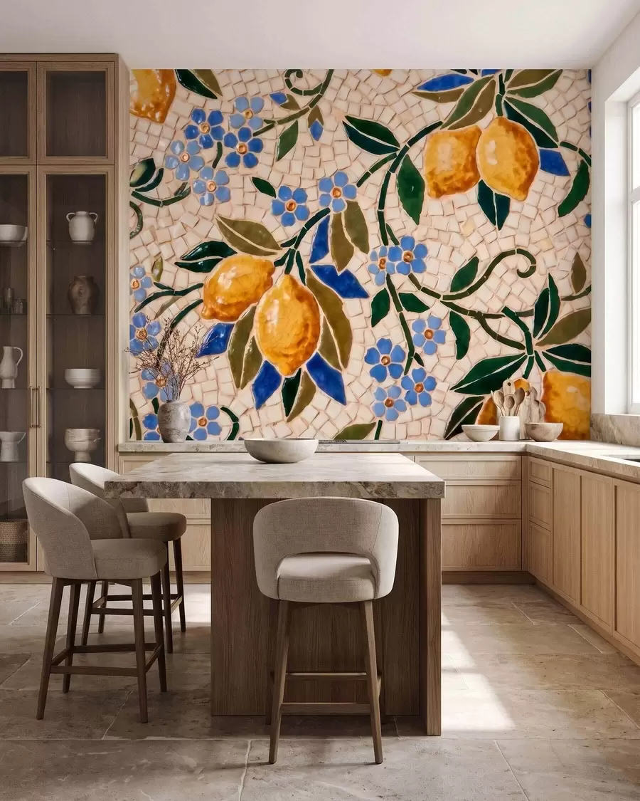 wall murals Bright decorative composition in ceramic mosaic style with juicy lemons, flowers, leaves, and branches w09948