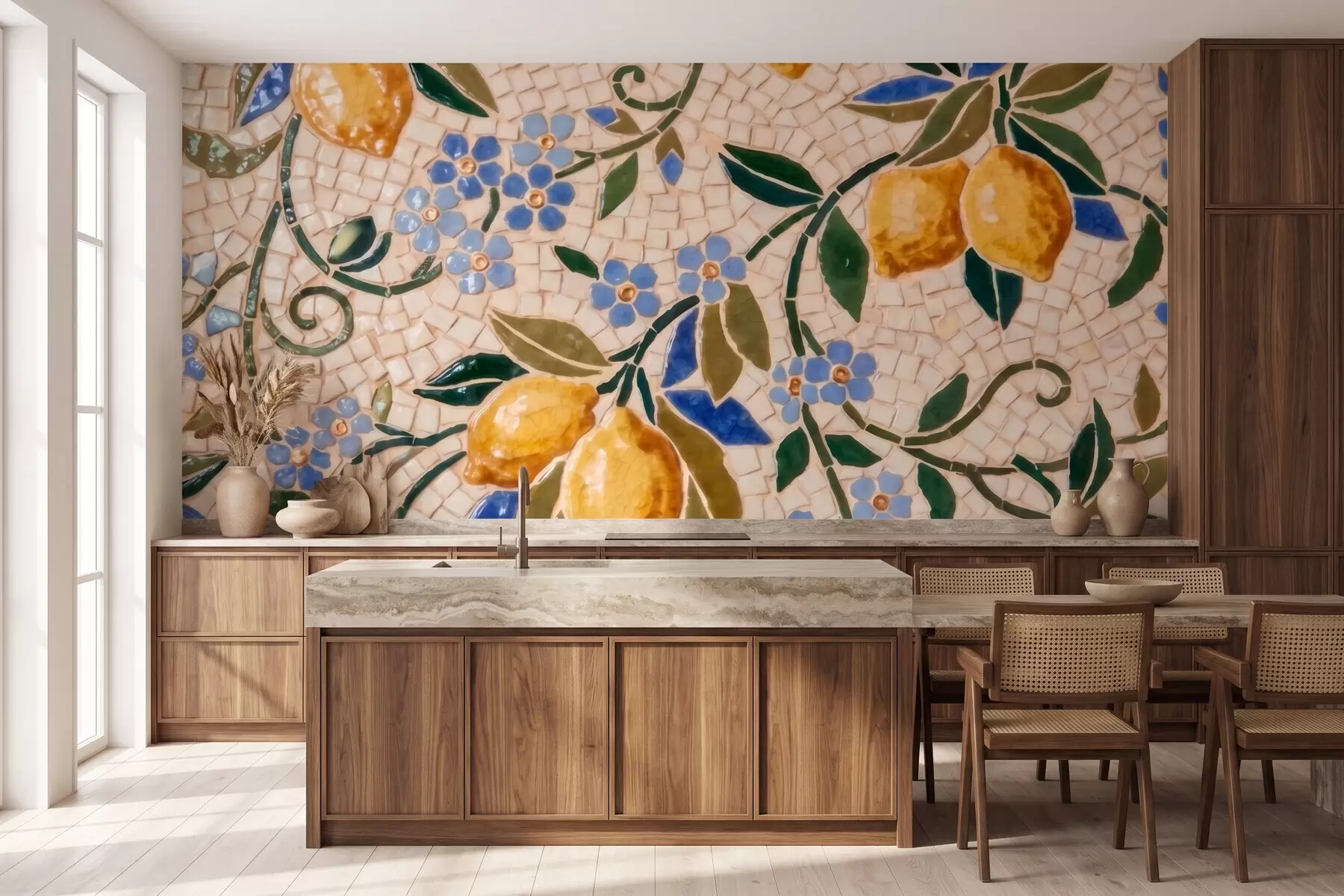 wall murals Bright decorative composition in ceramic mosaic style with juicy lemons, flowers, leaves, and branches w09948