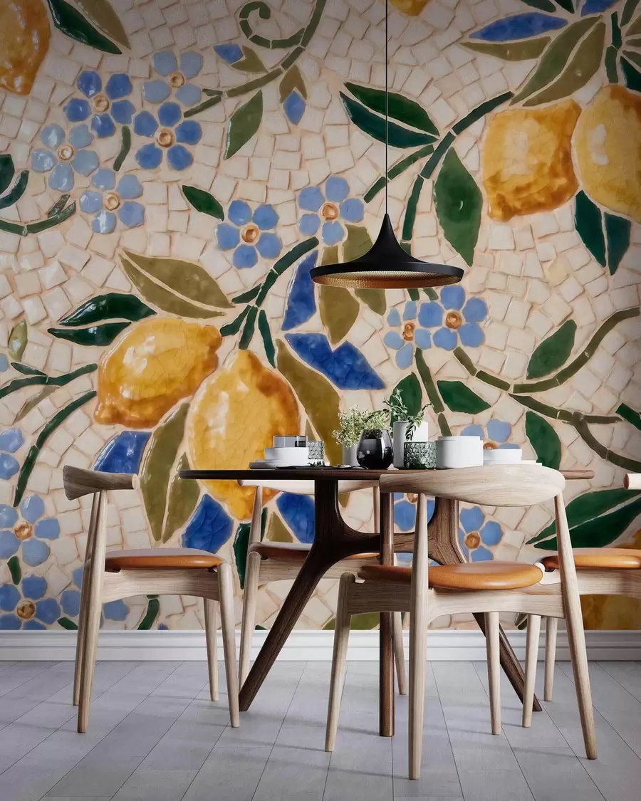wall murals Bright decorative composition in ceramic mosaic style with juicy lemons, flowers, leaves, and branches w09948