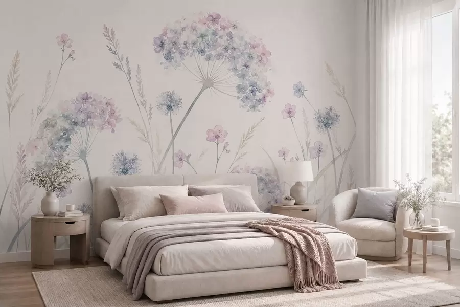 wall murals Meadow flowers in soft blue and lilac tones w05731