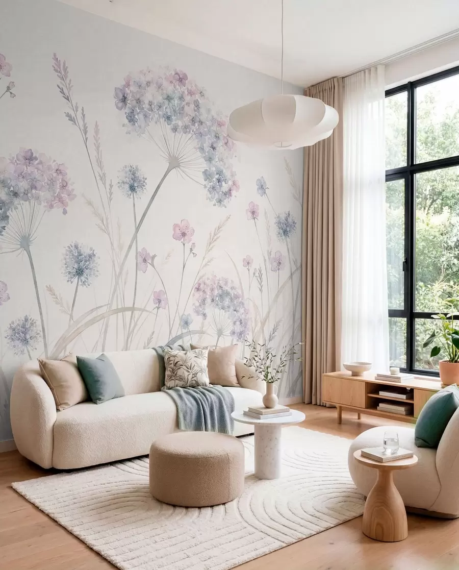 wall murals Meadow flowers in soft blue and lilac tones w05731