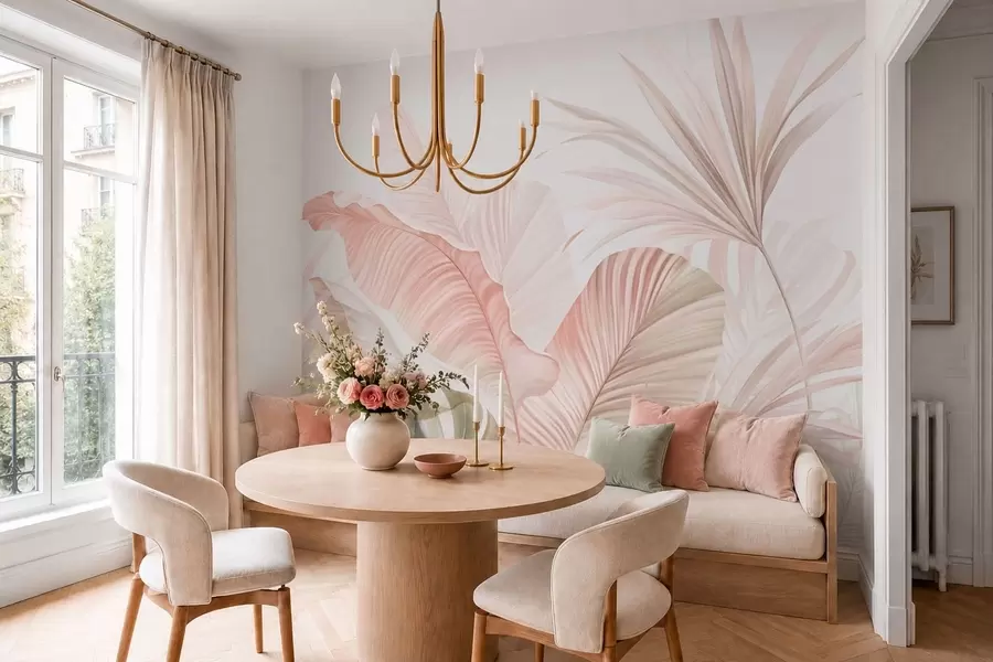 wall murals Soft tropical leaves in pastel tones w05810