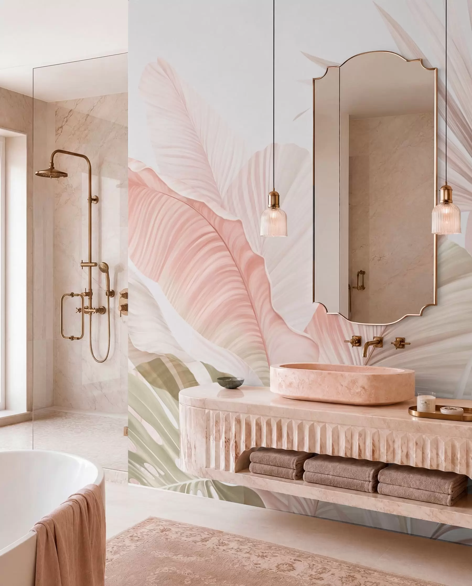 wall murals Soft tropical leaves in pastel tones w05810