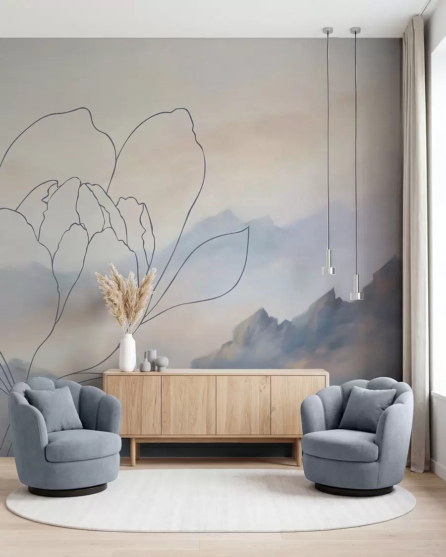 wall murals Mountain landscape with a flower silhouette w05788v1