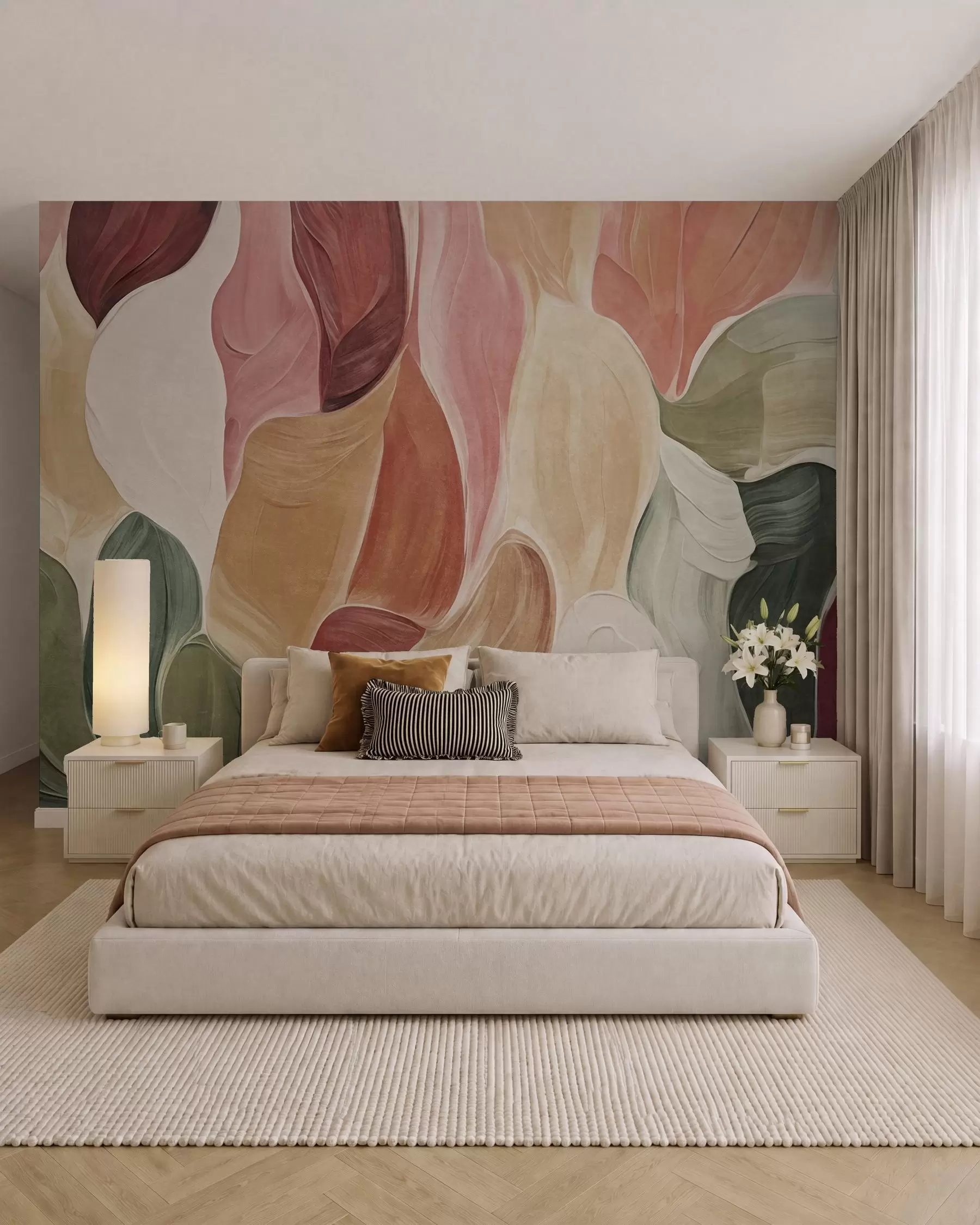 wall murals Abstract shapes in muted pink, peach and green tones, brushstrokes imitation w09908