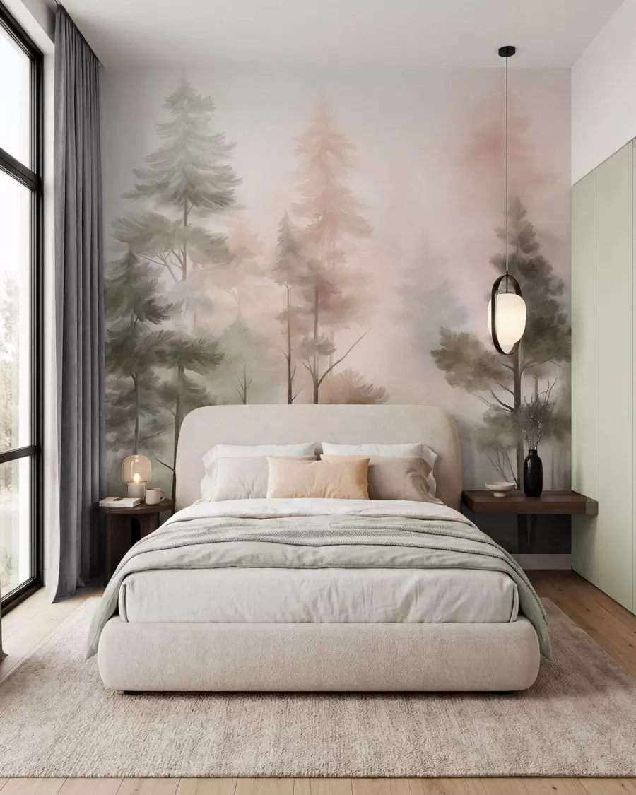 wall murals Textured forest with tall pine trees in shades of green and pink, with soft light fog w09982