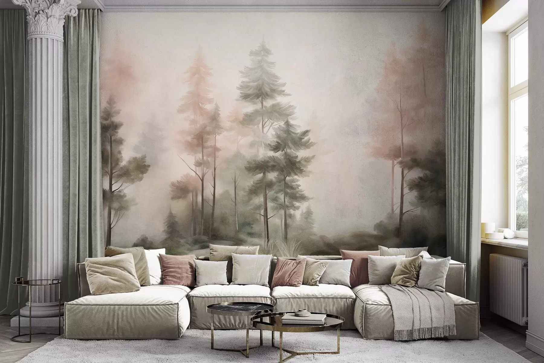 wall murals Textured forest with tall pine trees in shades of green and pink, with soft light fog w09982