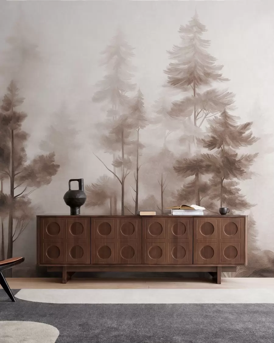 wall murals Textured forest with tall pine trees in shades of brown, with soft light fog w09982v1
