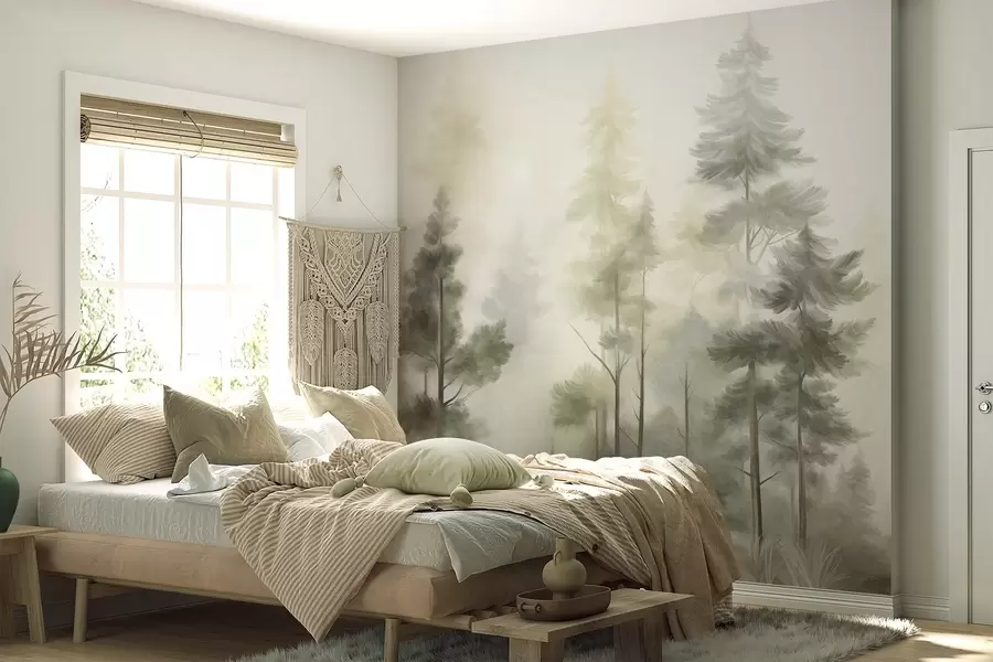 wall murals Textured forest with tall pine trees in shades of green and yellow, with soft light fog w09982v2