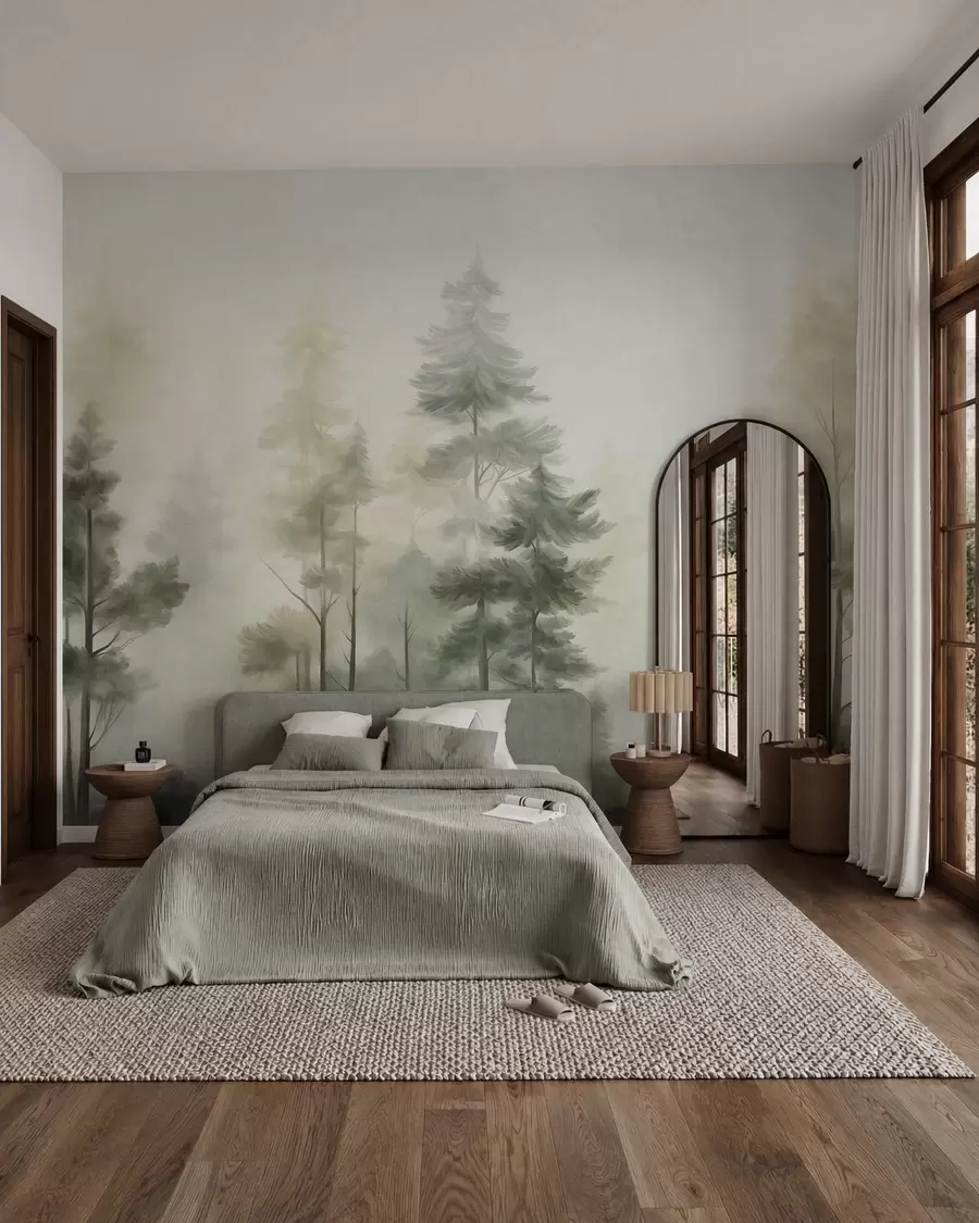 wall murals Textured forest with tall pine trees in shades of green and yellow, with soft light fog w09982v2