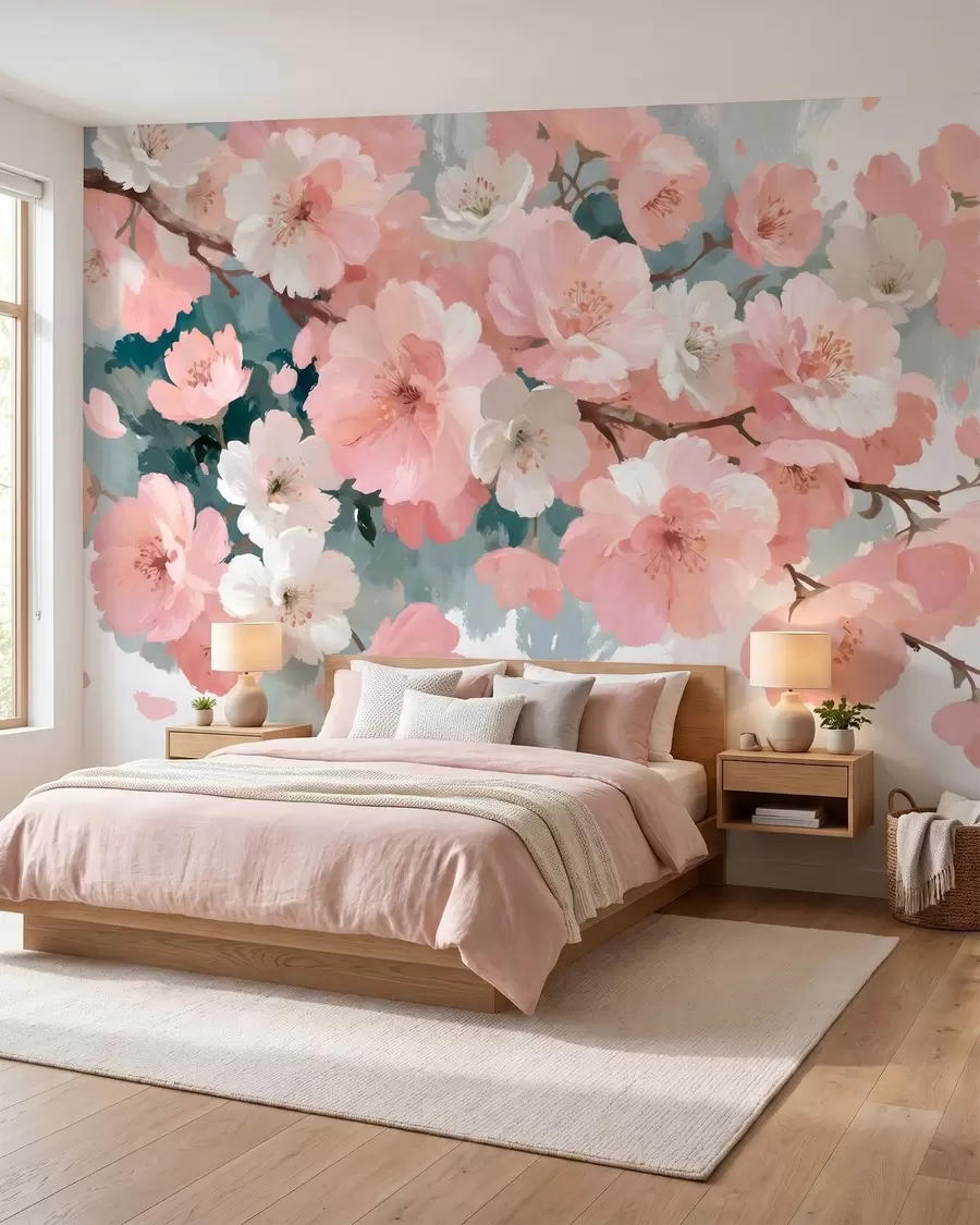 wall murals Blooming cherry blossoms with pink and white flowers in oil painting style w09912
