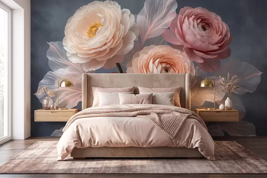 wall murals Bouquet of peonies and ranunculus in peach and pink shades on dark background w09926