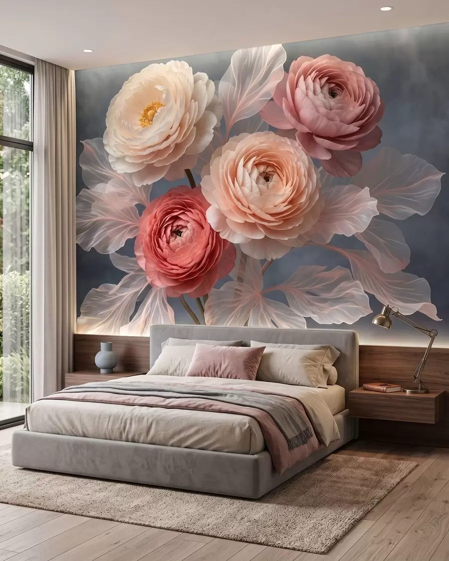 wall murals Bouquet of peonies and ranunculus in peach and pink shades on dark background w09926