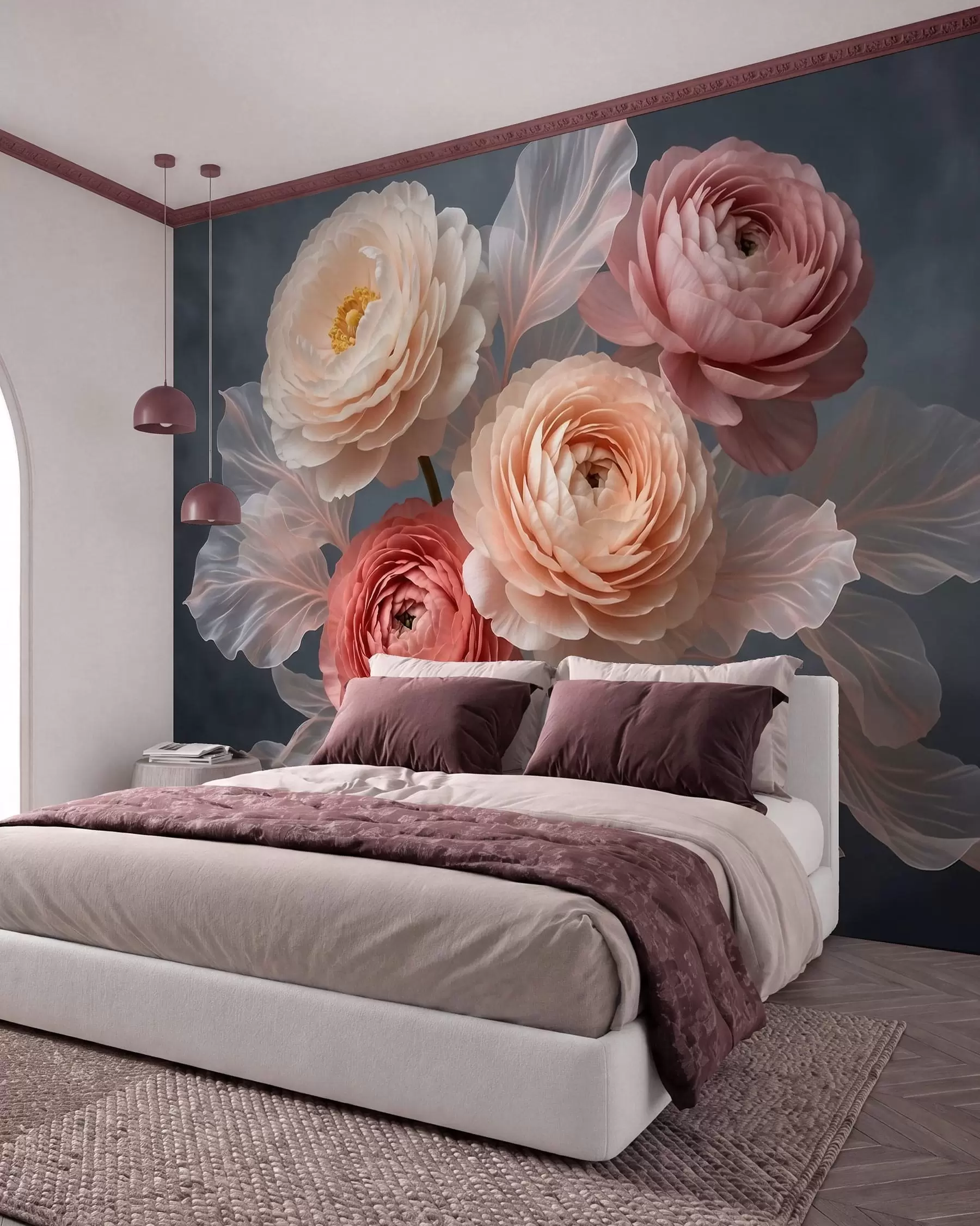 wall murals Bouquet of peonies and ranunculus in peach and pink shades on dark background w09926