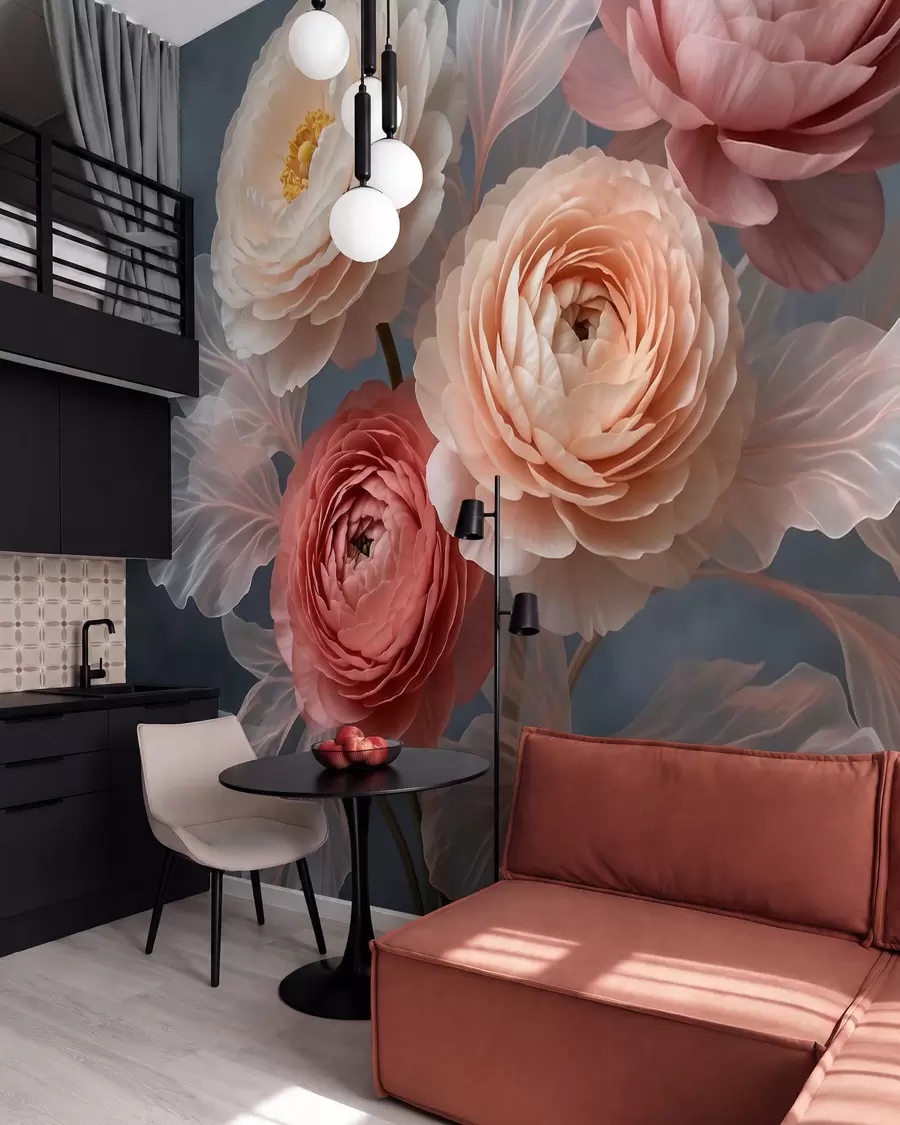 wall murals Bouquet of peonies and ranunculus in peach and pink shades on dark background w09926